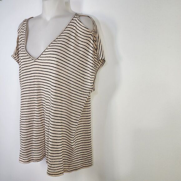 Lucky Brand Tee Womens Large Linen V Neck Top Natural Stripe Split Button Sleeve - Picture 6 of 10